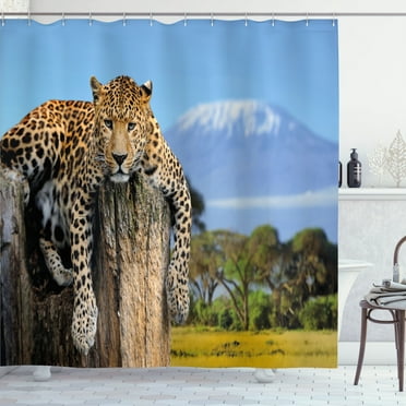 Ambesonne Wildlife Shower Curtain, Leopard on a Tree, 69"Wx75"L, Tan Blue