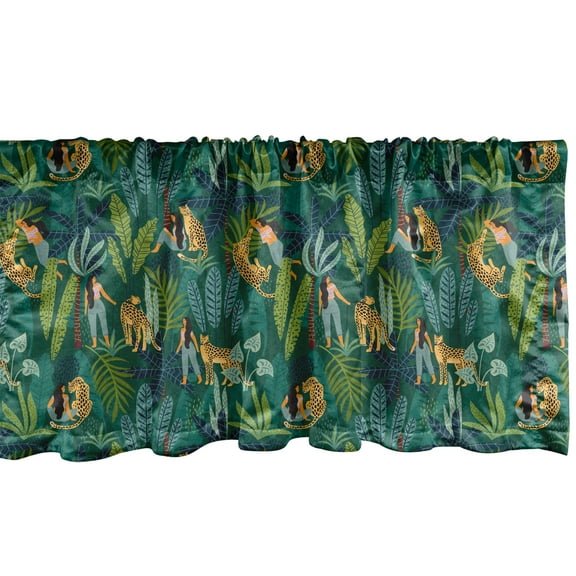 Ambesonne Wildlife Window Valance, Girl in Jungle Leopard, 54" X 18", Hunter Green Dark Teal