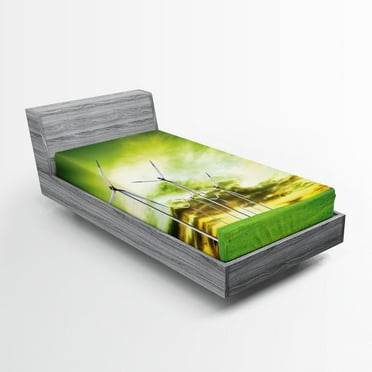 Ambesonne Windmill Fitted Sheet, Wing Turbines Green Sky, Twin XL Size, Lime Green White