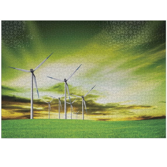 Ambesonne Windmill Jigsaw Puzzle, Wing Turbines Green Sky, Heirloom-Quality Fun Activity for Family Durable Cardboard, 1000 pcs, Lime Green White