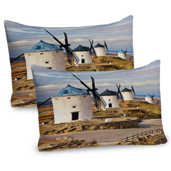 Ambesonne Windmill Pillow Sham 2 Pack, Medieval Old Spain, 36"x20", Blue White Pale Brown