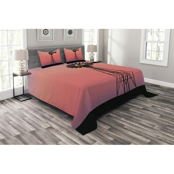 Ambesonne Windmill Quilted Bedspread Set 3 Pcs, Dreamy Western Sunset, Queen Size, Coral Lilac and Black