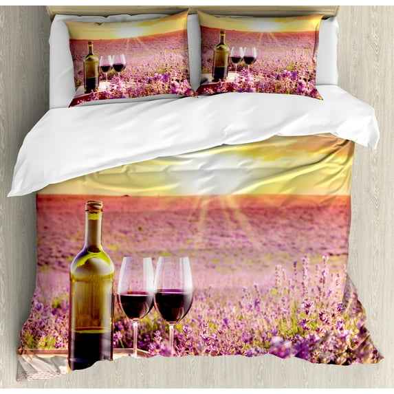 Ambesonne Wine Duvet Cover Set, Blooming Lavender Picnic, 2-Calking, Lavender Yellow Green