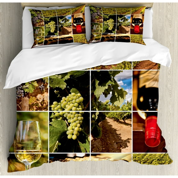 Ambesonne Wine Duvet Cover Set, Vineyard Grapes Landscapes, 2-Calking, Green Red Brown