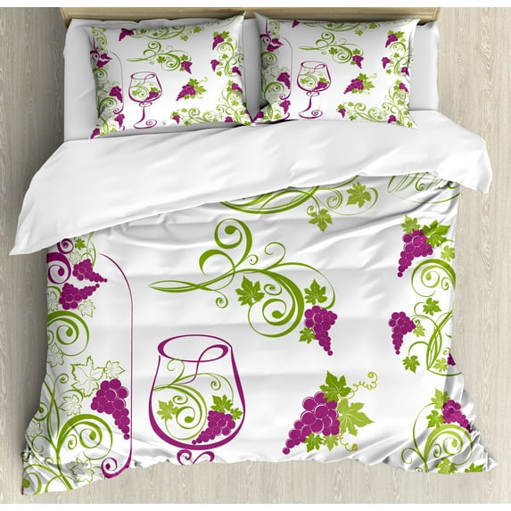 Ambesonne Wine Duvet Cover Sets, Bottle Glass Grapevines, 2-King, Purple Lime Green White