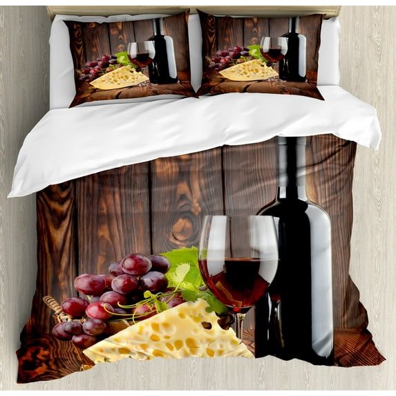 Ambesonne Wine Duvet Cover Sets, Cabernet Bottle Cheese, 2-Queen, Brown Burgundy Cream