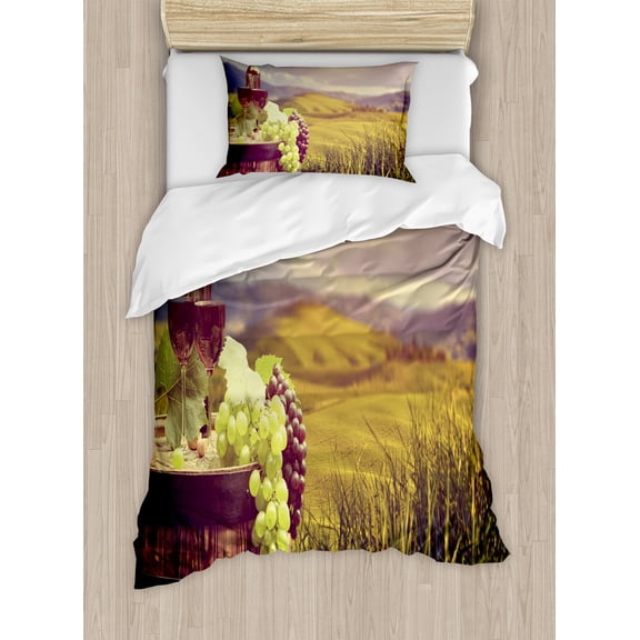 Ambesonne Wine Duvet Cover Sets, Italy Tuscany Vineyard, 2-Twin, Green Black Brown