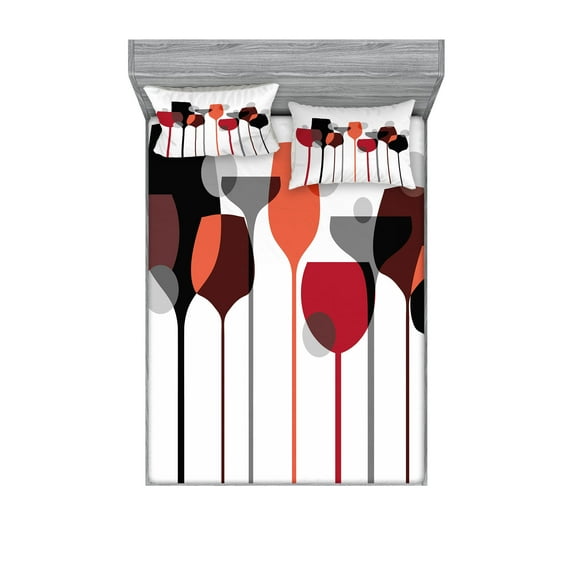 Ambesonne Wine Fitted Sheet & Pillow Sham Set, Abstract Glasses, Queen, Red Grey Black