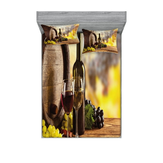 Ambesonne Wine Fitted Sheet & Pillow Sham Set, Red and White Wine Taste, Queen, Brown Pale Green Yellow