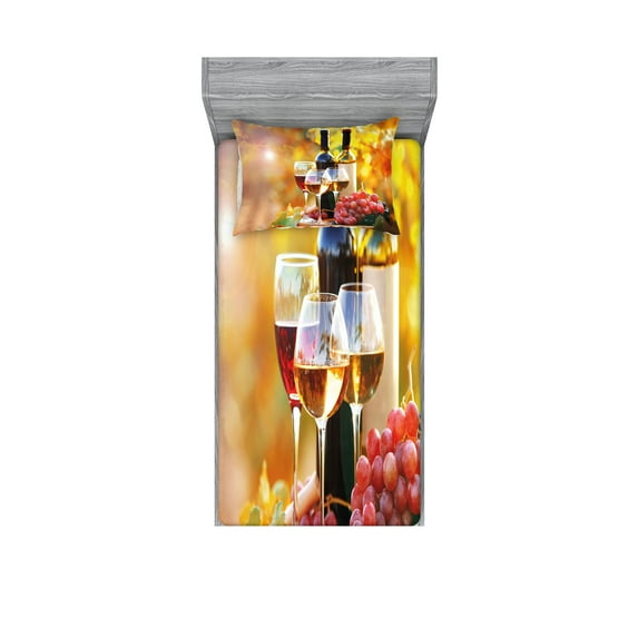 Ambesonne Wine Fitted Sheet & Pillow Sham Set, Wine Themed Grape Country, Twin, Orange Red Black