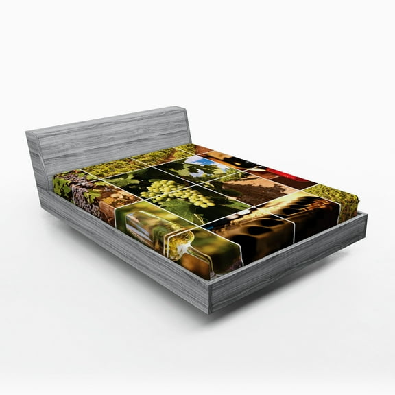 Ambesonne Wine Fitted Sheet, Vineyard Grapes Landscapes, Full Size, Green Red Brown