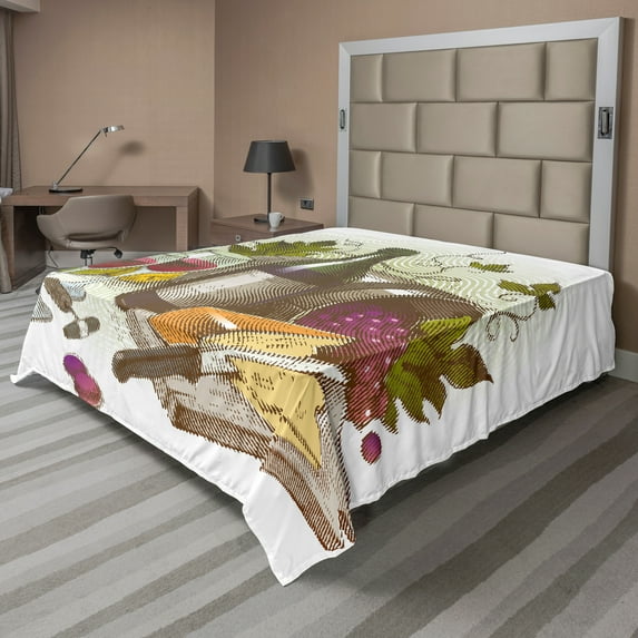 Ambesonne Wine Flat Sheet, Vintage Wine and Cheese, Full Size, Multicolor