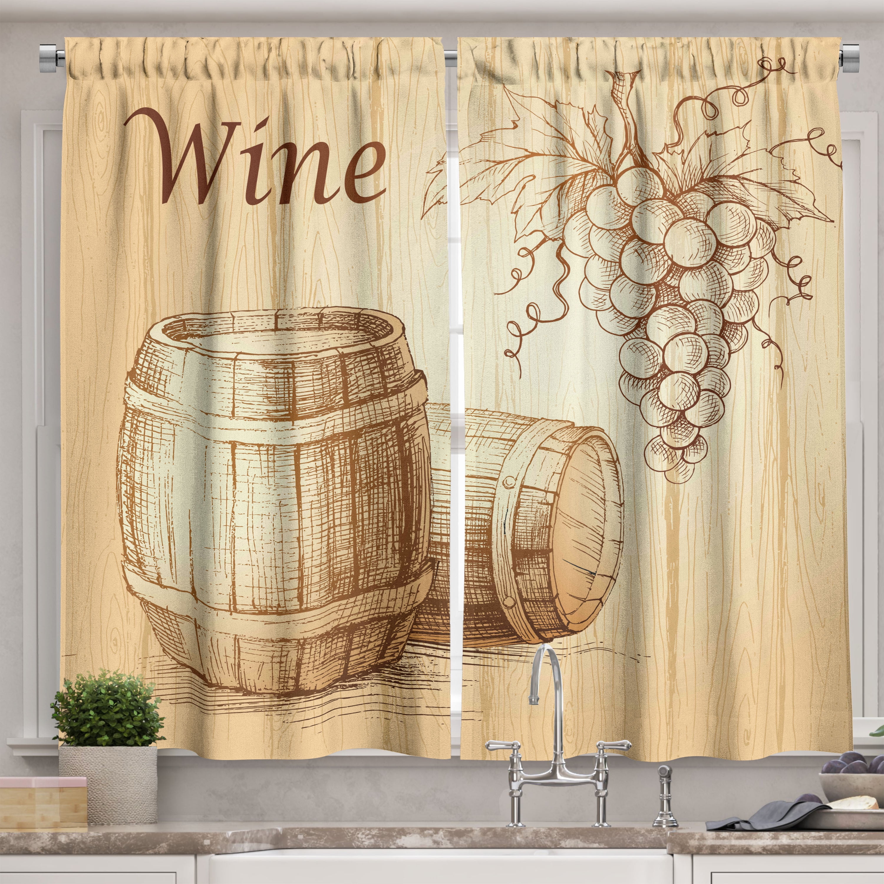 Brown and Peach Grapes and Barrels Kitchen Curtains 55" x 39"