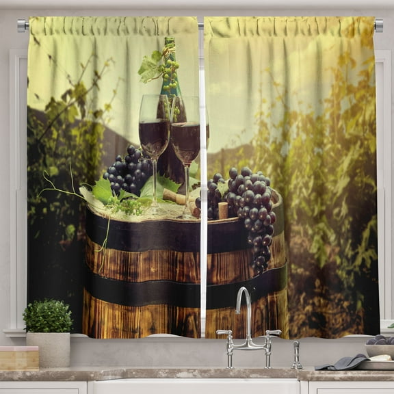 Ambesonne Wine Kitchen Curtains, Scenic Tuscany Vineyard, 55"x39", Green Black Brown