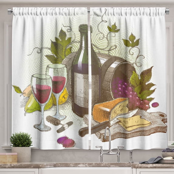 Ambesonne Wine Kitchen Curtains, Vintage Wine and Cheese, 55"x39", Multicolor
