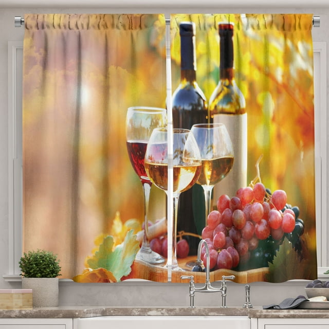 Ambesonne Wine Kitchen Curtains, Wine Themed Grape Country, 55"x39", Orange Red Black