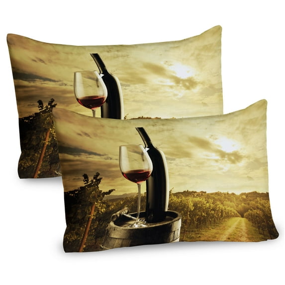 Ambesonne Wine Pillow Sham 2 Pack, Red Wine Themed Vineyard, 36"x20", Pale Coffee Green Black