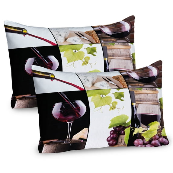 Ambesonne Wine Pillow Sham 2 Pack, Themed Bottle Wineglass, 36"x20", Pale Green Burgundy