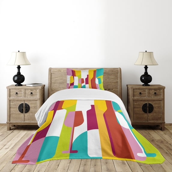 Ambesonne Wine Quilted Bedspread Set 2 Pcs, Colorful Abstract Drinks, Twin Size, Multicolor