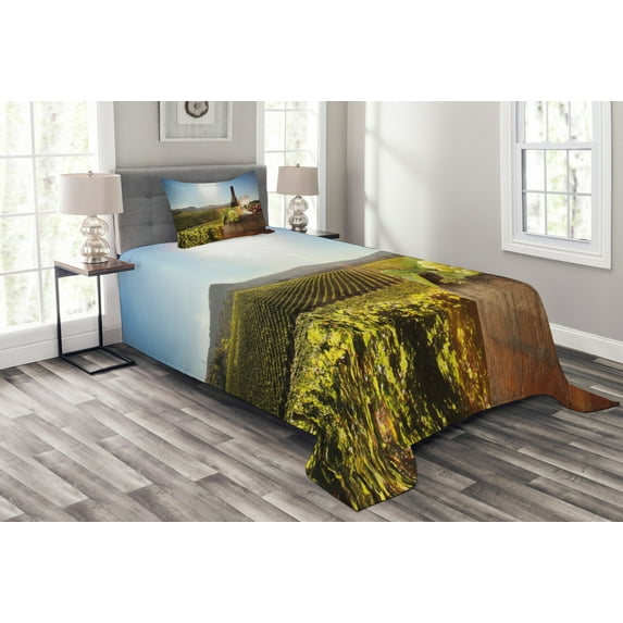Ambesonne Wine Quilted Bedspread Set 2 Pcs, Famous Chianti Vineyard, Twin Size, Green Brown Pale Blue