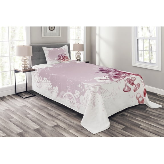 Ambesonne Wine Quilted Bedspread Set 2 Pcs, Grunge Abstract Framework, Twin Size, Lilac and White