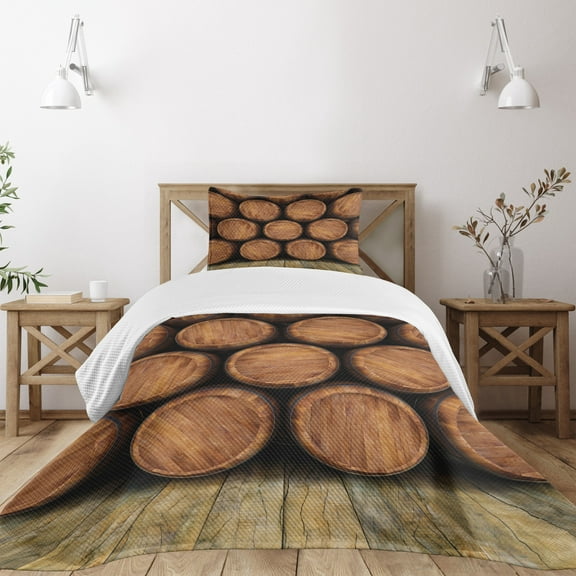 Ambesonne Wine Quilted Bedspread Set 2 Pcs, Wall of Wooden Barrels, Twin Size, Brown