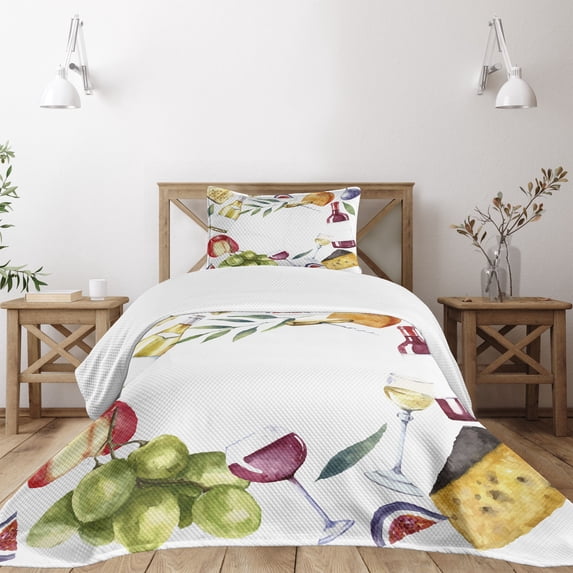 Ambesonne Wine Quilted Bedspread Set 2 Pcs, Watercolor Food Wine Frame, Twin Size, Multicolor