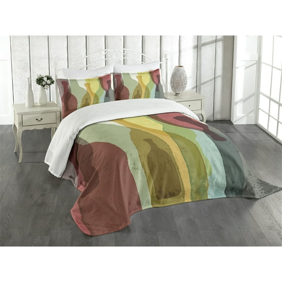 Ambesonne Wine Quilted Bedspread Set 3 Pcs, Abstract Colorful Bottles, Queen Size, Multicolor