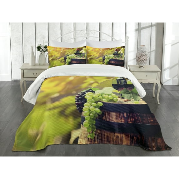Ambesonne Wine Quilted Bedspread Set 3 Pcs, Agriculture Country Drink, King Size, Pale Green Black Brown