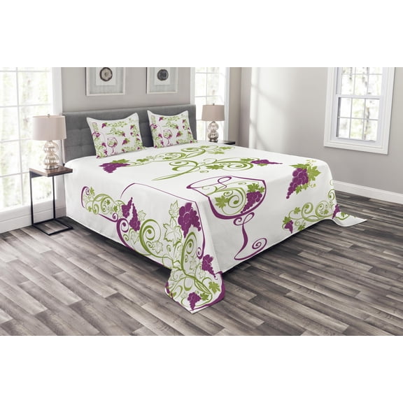 Ambesonne Wine Quilted Bedspread Set 3 Pcs, Bottle Glass Grapevines, Queen Size, Purple Lime Green White