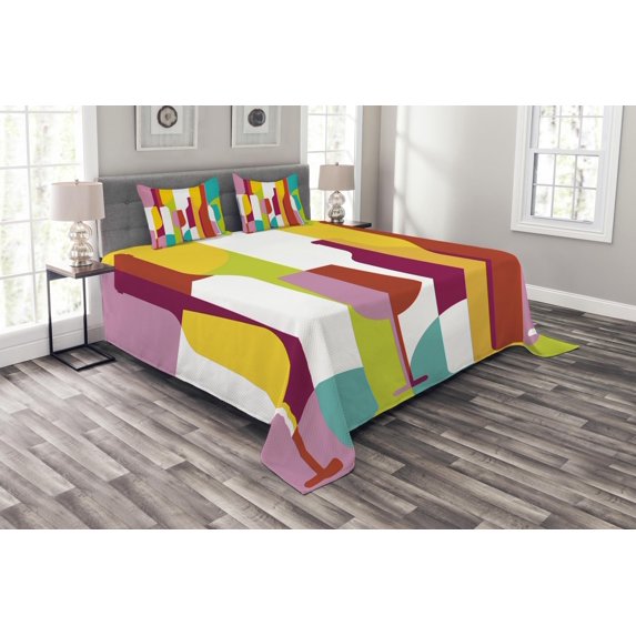 Ambesonne Wine Quilted Bedspread Set 3 Pcs, Colorful Abstract Drinks, King Size, Multicolor