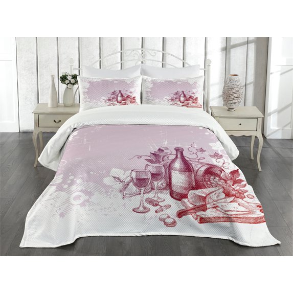 Ambesonne Wine Quilted Bedspread Set 3 Pcs, Grunge Abstract Framework, King Size, Lilac and White