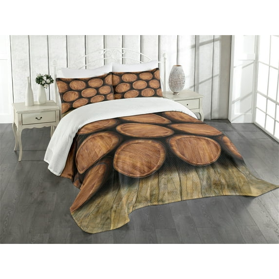 Ambesonne Wine Quilted Bedspread Set 3 Pcs, Wall of Wooden Barrels, King Size, Brown