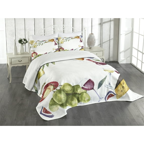 Ambesonne Wine Quilted Bedspread Set 3 Pcs, Watercolor Food Wine Frame, Queen Size, Multicolor