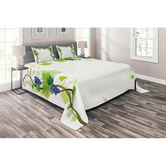 Ambesonne Wine Quilted Coverlet 3 Pcs, Leaf Fresh Fruit Pattern, Queen Size, Green