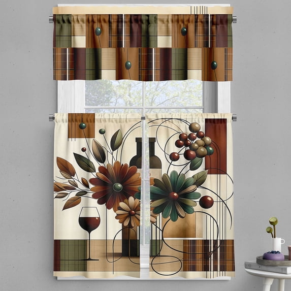 Ambesonne Wine Themed Valance & Curtain 3 Pcs Set, Rustic Rectangles Boho, 55"x45", Caramel Burgundy Green