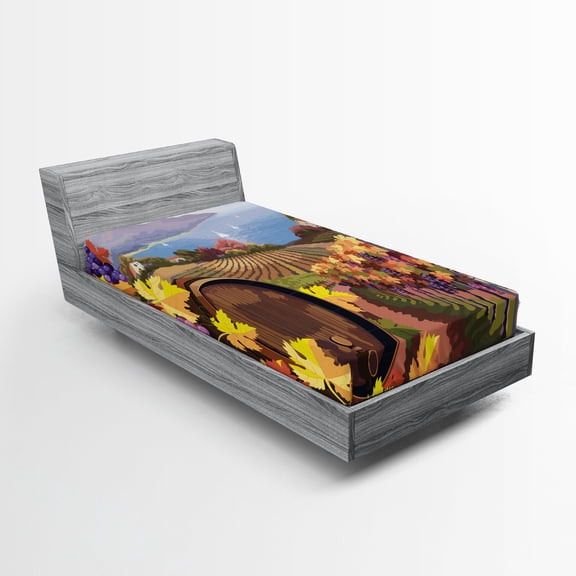 Ambesonne Winery Fitted Sheet, Cartoon Vineyard Grapes, Twin Size, Blue Yellow