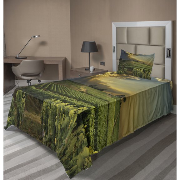 Ambesonne Winery Fitted & Top Sheet Set with Sham, France Sunset Vineyard, Green Yellow Grey