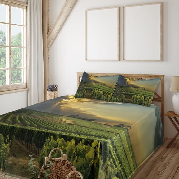 Ambesonne Winery Fitted & Top Sheet Set with Shams, France Sunset Vineyard, Green Yellow Grey