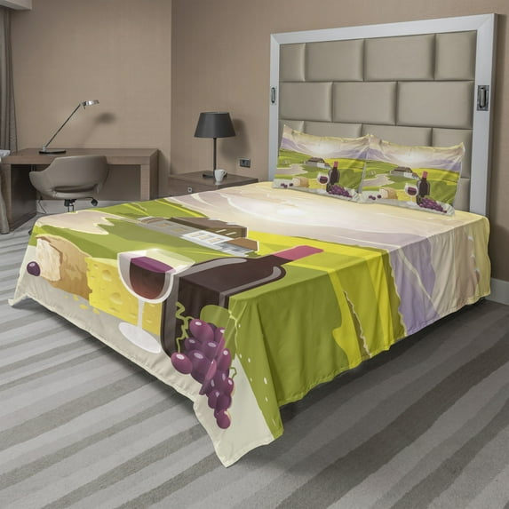 Ambesonne Winery Fitted & Top Sheet Set with Shams, French Countryside Scene, Green Purple Cream