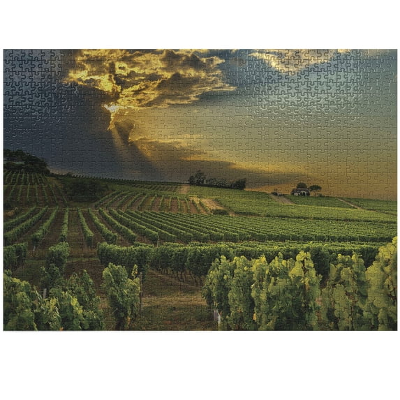 Ambesonne Winery Jigsaw Puzzle Durable Cardboard, France Sunset Vineyard, 1000 pcs, Green Yellow Grey