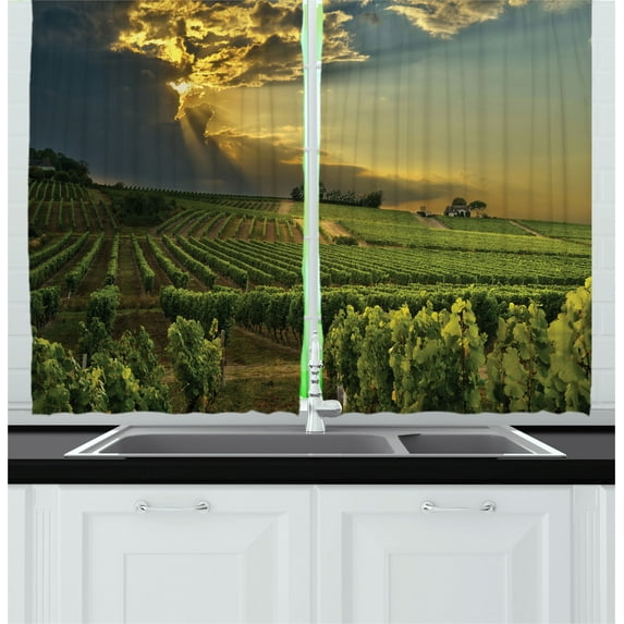 Ambesonne Winery Kitchen Curtains, France Sunset Vineyard, 55"x45", Green Yellow Grey