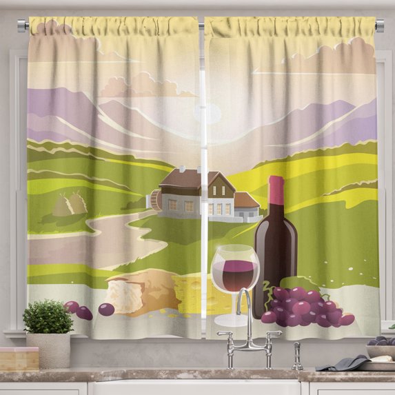Ambesonne Winery Kitchen Curtains, French Countryside Scene, 55"x36", Green Purple Cream