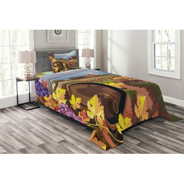 Ambesonne Winery Quilted Bedspread Set 2 Pcs, Cartoon Vineyard Grapes, Twin Size, Blue Yellow