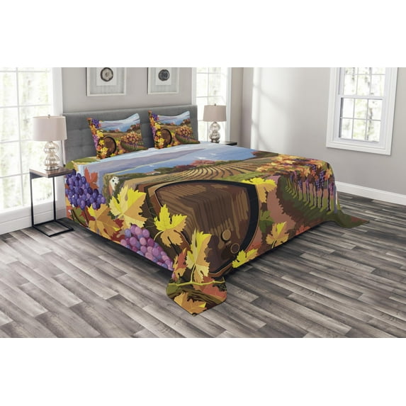 Ambesonne Winery Quilted Bedspread Set 3 Pcs, Cartoon Vineyard Grapes, Queen Size, Blue Yellow
