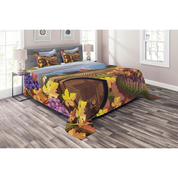 Ambesonne Winery Quilted Coverlet 3 Pcs, Cartoon Vineyard Grapes, King Size, Blue Yellow