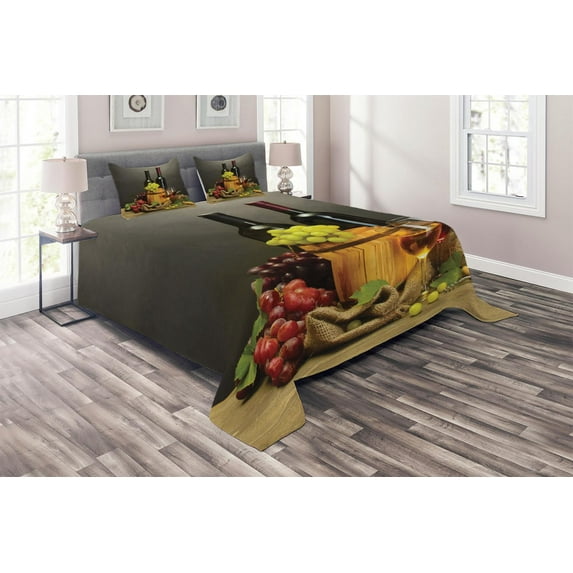 Ambesonne Winery Quilted Coverlet 3 Pcs, Themed Bottles France, Queen Size, Multicolor