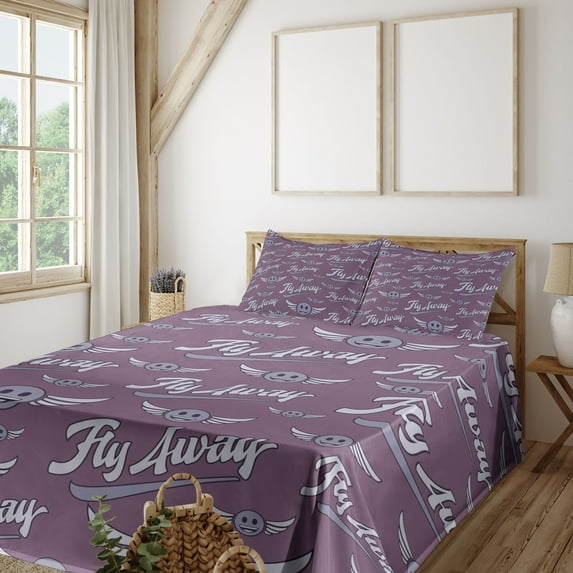 Ambesonne Winged Emoji Fitted & Top Sheet Set with Shams, Fly Away Writings Fun, Pale Eggplant Plum