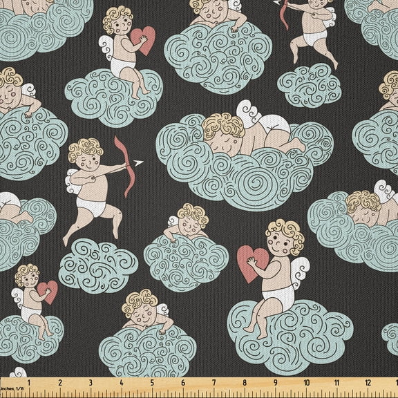 Ambesonne Wings Print Fabric by the Yard Microfiber, Love Sleeps on Clouds, 1 Yard, Pale Blue Grey Peach
