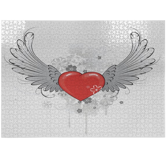 Ambesonne Wings Print Jigsaw Puzzle, Classic Doodle Heart, Heirloom-Quality Fun Activity for Family Durable Cardboard, 1000 pcs, Pale Grey Vermilion